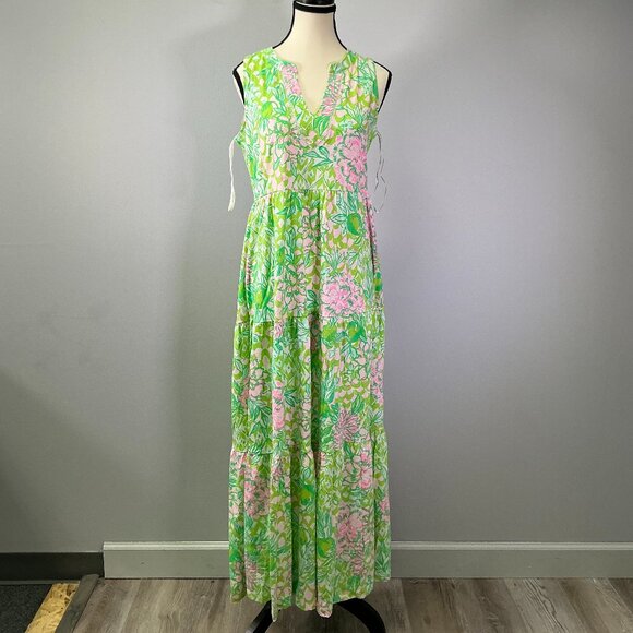 SARAHLYNNE MAXI DRESS, FAUNA GREEN STACKED PALM BURNOUT